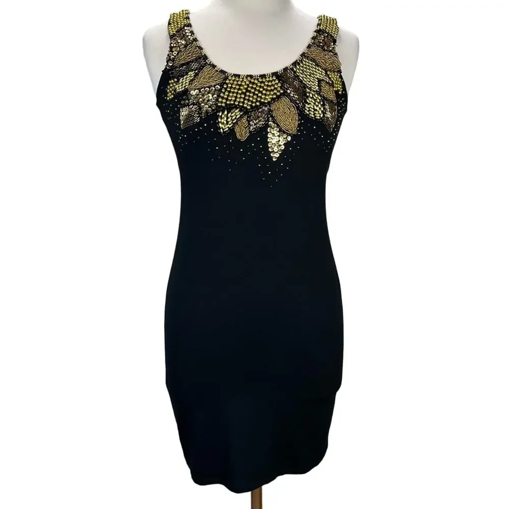 NWT ROMEO & JULIET COUTURE Black Gold Beaded Stretch Glam Mini‎ Dress Sz Medium
